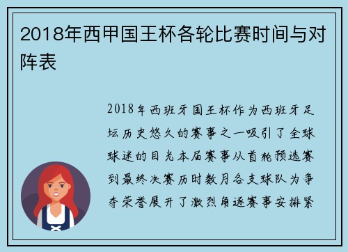 2018年西甲国王杯各轮比赛时间与对阵表