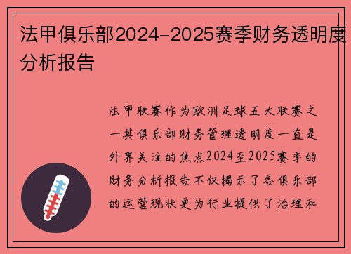 法甲俱乐部2024-2025赛季财务透明度分析报告